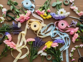 Floral arrangement supplies scattered on a wooden surface ribbons and blooms