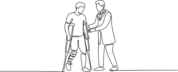 Single one line drawing rehabilitation center. Young man patient learning to walk using crutches with help of doctor. Physiotherapy treatment of people with injury. one line Icon drawing