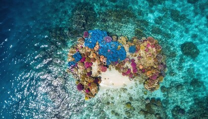Aerial view of a vibrant coral reef in a turquoise ocean with diverse marine life.