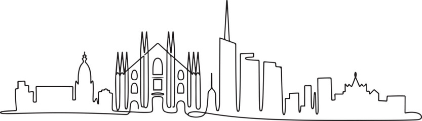 Single continuous line drawing of Milan city skyline, Italy. Famous city skyscraper landscape in world. World travel wall decor poster print concept. one line Icon drawing © firoz