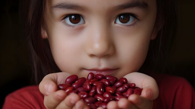 A young child s cupped hands gently present a pile of vibrant red kidney beans in a close up view - Powered by Adobe