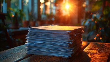 Pile of Documents on Table with Warm Sunlight and Green Plants