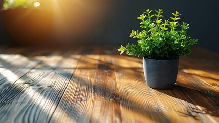 Potted Green Plant on Wooden Table with Natural Light and Shadows