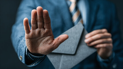 A person in a suit holds an envelope and extends their hand in a stopping gesture, refusing the message. Confidentiality is the key here.
