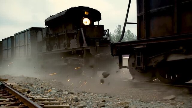 Heavy Freight Train Moving Through Industrial Rail Yard With Dust, Steam, and Gritty Motion Creating a Raw Transportation Industry Scene