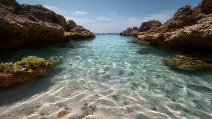 Fototapeta premium Crystal clear shallow turquoise water reveals sandy seabed between rocky shores under a sunny blue sky