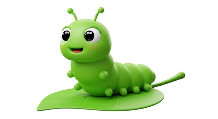 Adorable 3d rendered green caterpillar with a happy face on a fresh leaf on white background