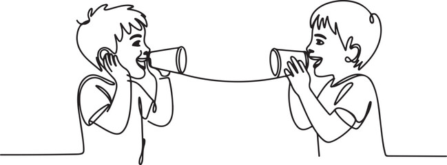 Single continuous line drawing little boys talk using string phone. Children communicating through paper cups phone. Kids playing with can telephone. one line Icon drawing