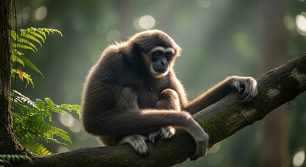 Fototapeta premium Hoolock gibbon sitting on a tree branch with long arms and dark fur. An agile arboreal primate known for loud calls, brachiation, and strong family bonds in tropical forests.