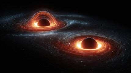 Two black holes warp spacetime, drawing celestial matter. Gravity distorts light, creating a striking cosmic event. Mysterious, captivating.
