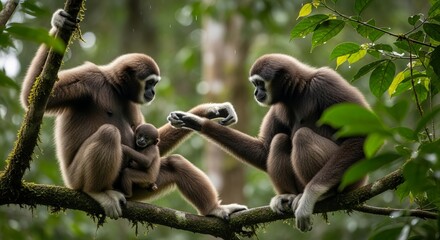 Obraz premium Hoolock gibbon sitting on a tree branch with long arms and dark fur. An agile arboreal primate known for loud calls, brachiation, and strong family bonds in tropical forests.