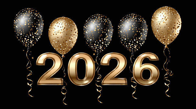 Celebrate 2026 with style! Balloons in gold and black, floating above golden numbers. Shine, celebration, and the future on a black background. - Powered by Adobe