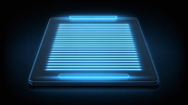 Futuristic tablet concept with glowing blue lines on a black background, embodying digital innovation and sleek modern design, very minimal. - Powered by Adobe