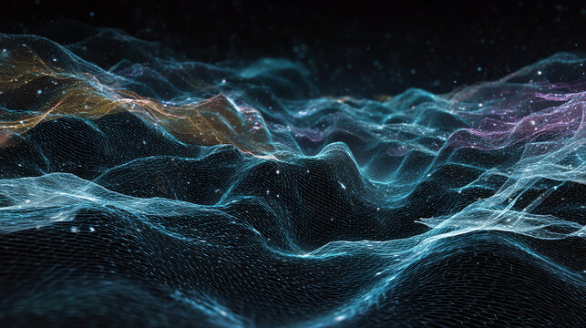 Abstract wireframe landscape with glowing particles, evoking a futuristic digital terrain or a high-tech representation of a natural environment. - Powered by Adobe