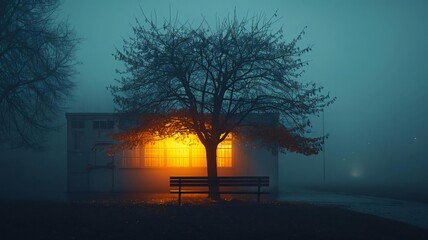 Foggy Evening Scene with Glowing Building and Leafless Tree
