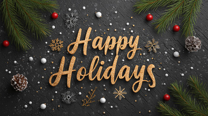 A festive flat lay featuring 'Happy Holidays' in gold lettering, complemented by pine sprigs, ornaments, and snowflakes on a dark backdrop.