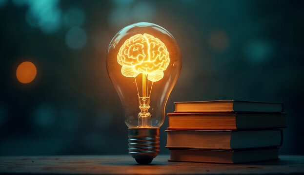 Human brain light bulb glows with stack of books beside