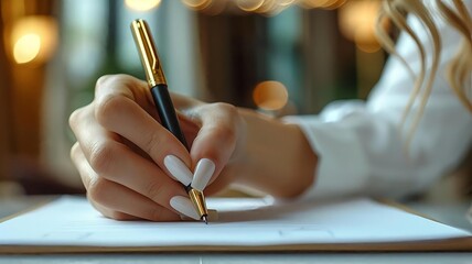Elegant Hand with Gold Pen Writing on Crisp White Paper