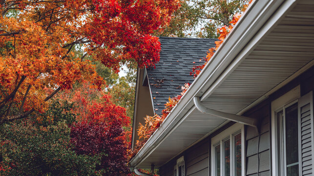 The vibrant colors of autumn surround a cozy home, with fall leaves adding a touch of seasonal charm to the roof and gutters. - Powered by Adobe