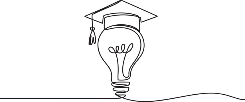 One single line drawing of bright lightbulb wearing graduation cap logo identity. Smart study academy logotype icon template concept. one line Icon drawing