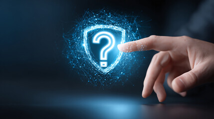 A digital interface showing a fingertip activating a shield with a question mark, emphasizing a secure solution for unknown queries.