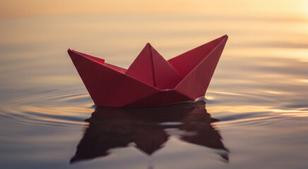 Red paper boat floating on calm water during a golden sunset, symbol of leadership, hope, and unique journey in a calm sea.