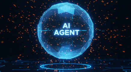AI Agent Concept with Glowing Blue Holographic Sphere and Digital Neural Network, Artificial Intelligence and Machine Learning Technology Interface on Dark Background.