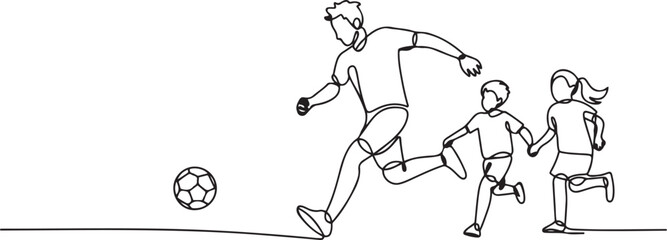 Fototapeta premium One single line drawing of young father run and play football soccer with his son and daughter at public park vector illustration. Happy family parenting concept. one line Icon drawing