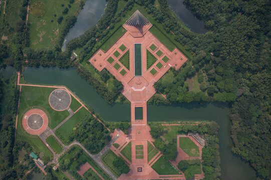 Aerial view of Jatiyo Smriti Soudho, the National Martyrs' Memorial, a monument representing the valor of the Bangladesh Liberation War, Savar, Dhaka Division, Bangladesh.