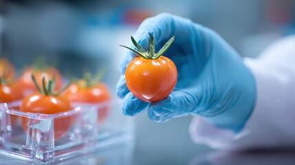 Scientist's gloved hand holding a vibrant tomato, inspecting it in a research lab setting, highlighting agricultural innovation.