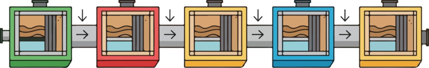 A row of colorful cable car cabins moving along a track showcasing a vibrant transportation system. © unikhan