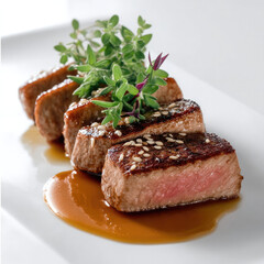 Grilled steak sesame seed brown sauce fresh herb gourmet cuisine juicy tender closeup white plate delicious