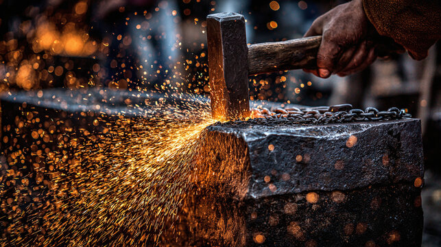Craftsmanship unveiled: A blacksmith's hammer strikes the metal, unleashing a shower of vibrant sparks in the workshop. Precision & power.