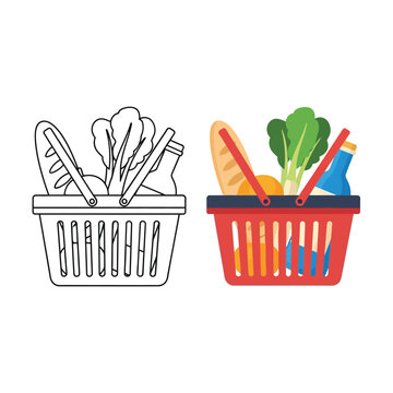 A colorful illustration depicts a shopping basket filled with bread vegetables and a bottle side by side