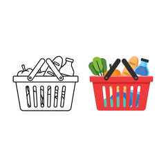A visual comparison of a shopping basket in outline and a full color illustration displaying groceries © rsvect02