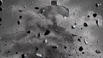 A stone dollar sign symbol exploding into pieces and then reforming representing a dramatic financial crisis