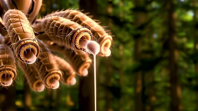 Silk Cocoons Hanging in Sunlit Forest Showing Bombyx Lifecycle, Fine Fibers, Organic Texture, and Natural Insect Development