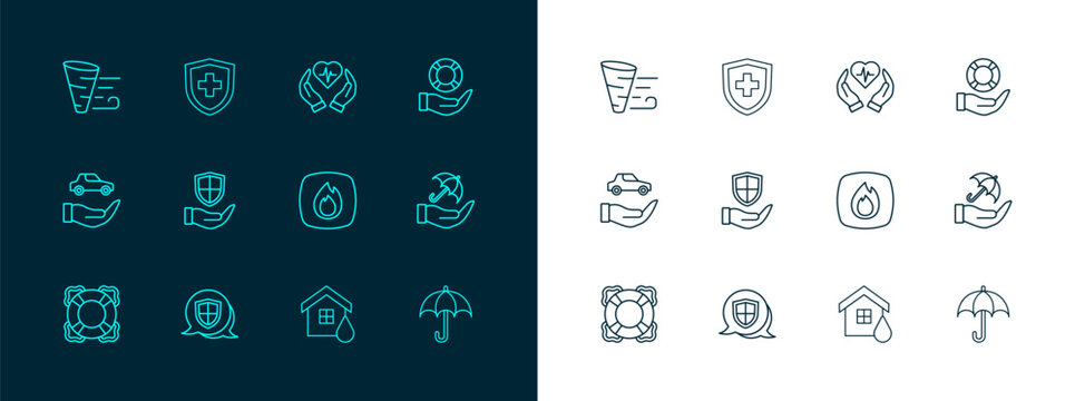 Set line Lifebuoy in hand, Shield, Fire flame, House flood, insurance, Tornado and with shield icon. Vector