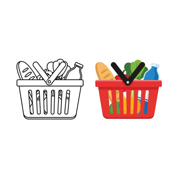 A comparative view of shopping baskets one outlined in black and white one colored and full