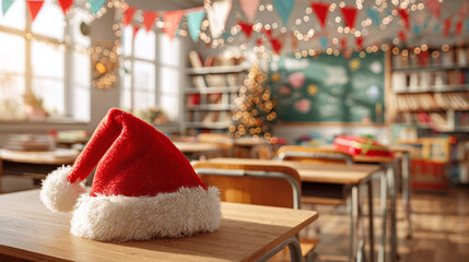 Fototapeta premium Festive classroom with lights and a tree, ready for the holiday. A red and white hat rests on a desk, waiting for the school's celebration.