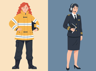 Two professional women firefighter in protective gear and a female airline pilot in uniform, showcasing diverse, empowering careers for women