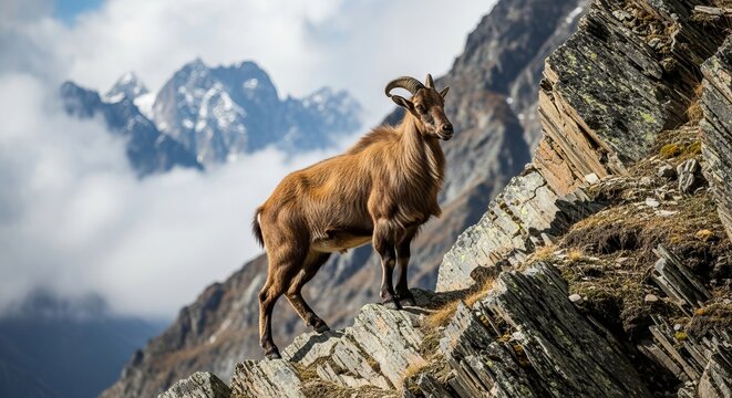 Himalayan tahr standing on rocky mountain slopes with thick shaggy fur and curved horns. A sure-footed wild goat adapted to cold alpine environments and steep terrain.
