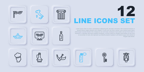Set line Old key, Scooter, Carnival mask, Perfume, Bottle of olive oil, Map Italy and Gondola boat icon. Vector © Iryna
