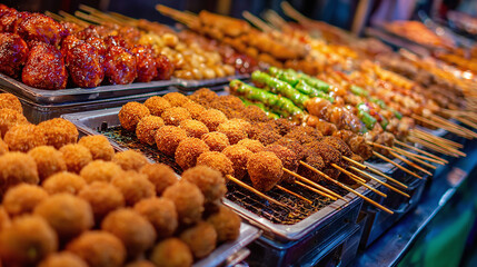 A tantalizing display of street food skewers, offering a variety of flavors and textures, perfect for an adventurous food tour or casual snacking.