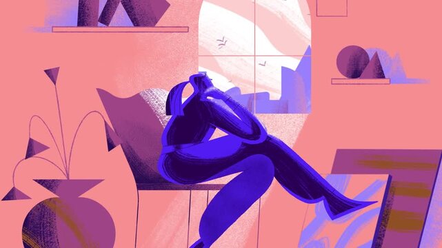 Thoughtful person sitting alone indoors near window, modern lifestyle illustration showing loneliness, relaxation and self reflection