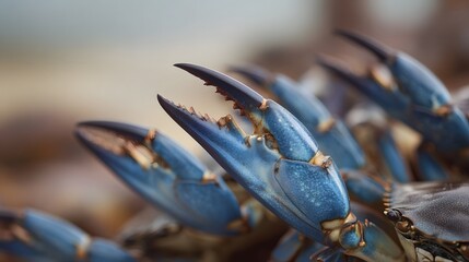 Vibrant blue crab claws raised in a sharp detailed close up