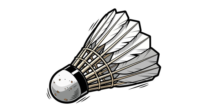 A single feather badminton shuttlecock and silver metal racket isolated on a white background for sports activity and leisure game equipment
