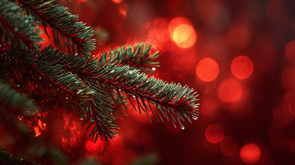 A pine branch with glistening droplets, set against a festive backdrop of red bokeh, capturing the essence of a winter wonderland.