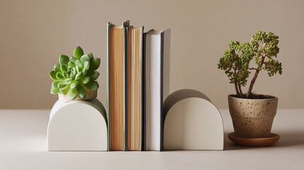 Books standing upright held by arched bookends, succulents are sitting on top of one bookend and beside the books on the other side.