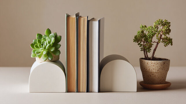 Books standing upright held by arched bookends, succulents are sitting on top of one bookend and beside the books on the other side.